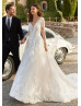 Long Sleeves Beaded Ivory Lace Tulle Floral Stunning Wedding Dress